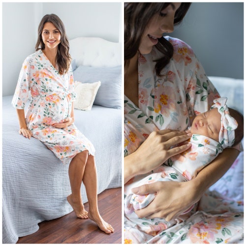 Maternity Nursing Delivery Robe & Gray Baby Swaddle Blanket Etsy