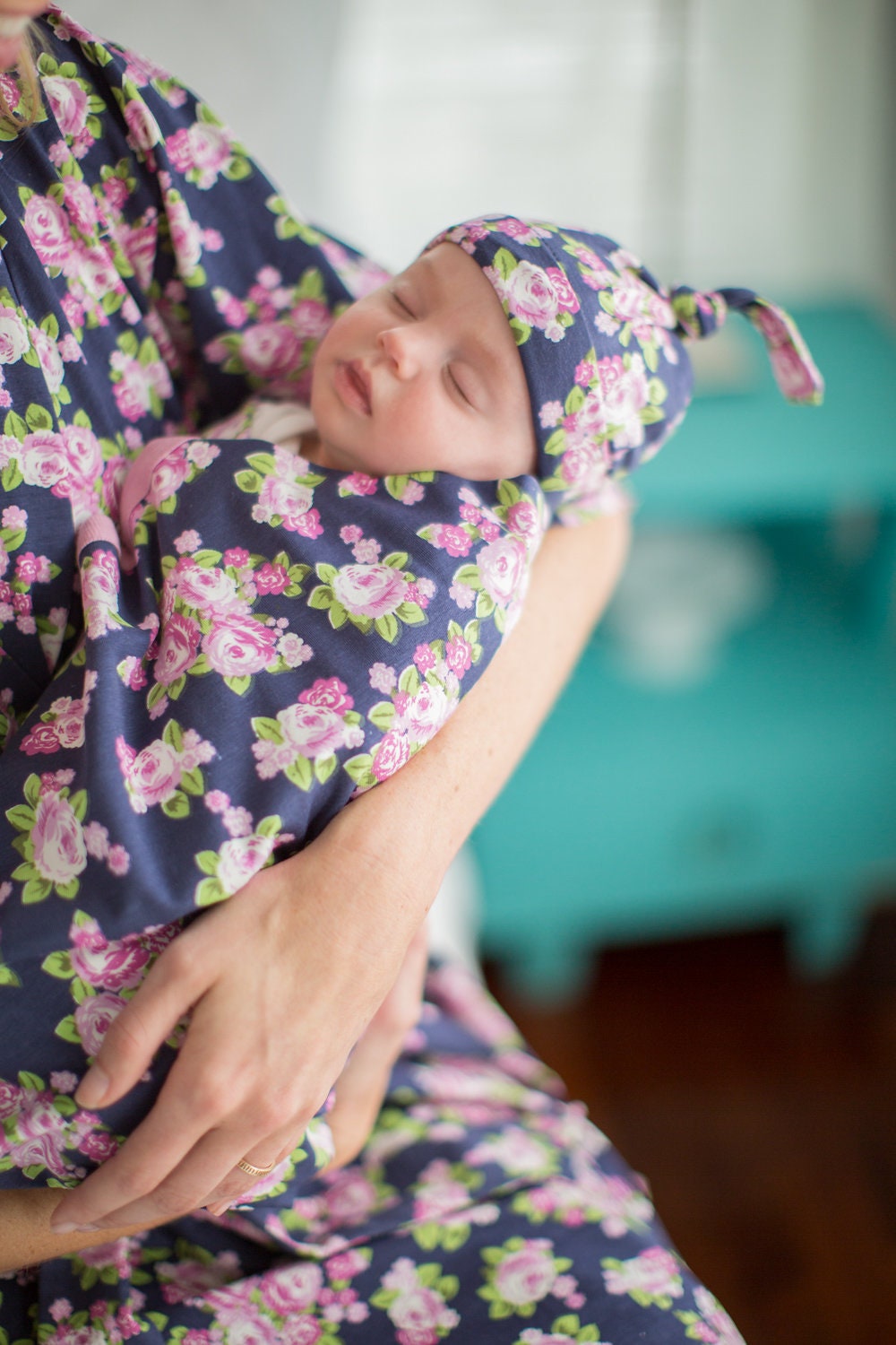 2 Piece Set Eve Blue Floral Swaddle Blanket and Newborn Hat Etsy
