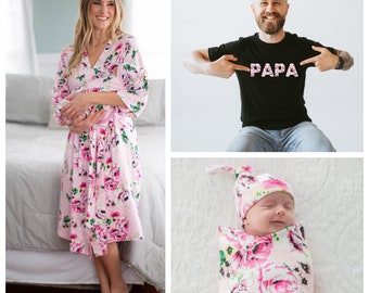 Maternity Labor Delivery Hospital ROBE & Matching Baby Girl SWADDLE Blanket Set +PAPA Dad T-shirt / Baby Shower Gift / Baby Be Mine Amelia