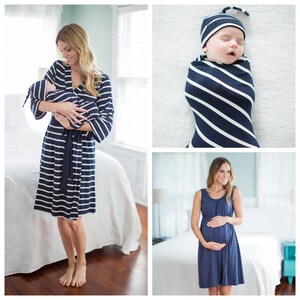 Navy Blue 3 in 1 LABOR Delivery Gown + Navy Blue Stripe Delivery ROBE and Matching Baby Swaddle Blanket and Hat Set / By Baby Be Mine