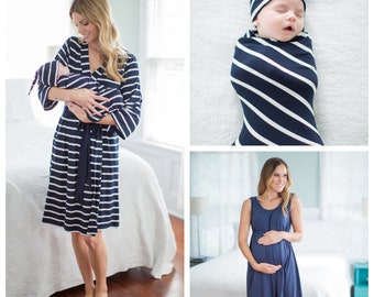 Navy Blue 3 in 1 LABOR Delivery Gown + Navy Blue Stripe Delivery ROBE and Matching Baby Swaddle Blanket and Hat Set / By Baby Be Mine