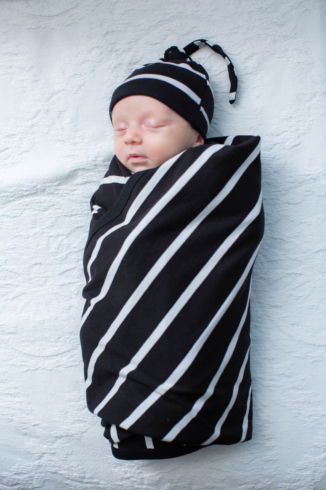 2 Piece Set Black Striped Swaddle Blanket and Newborn Hat Set by Baby