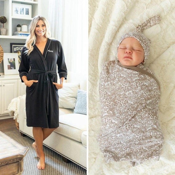 Mama Maternity Nursing Delivery Hospital Robe and Brooklyn Baby Girl  Swaddle Blanket Set / Baby Shower Gift/ Baby Be Mine / Black 