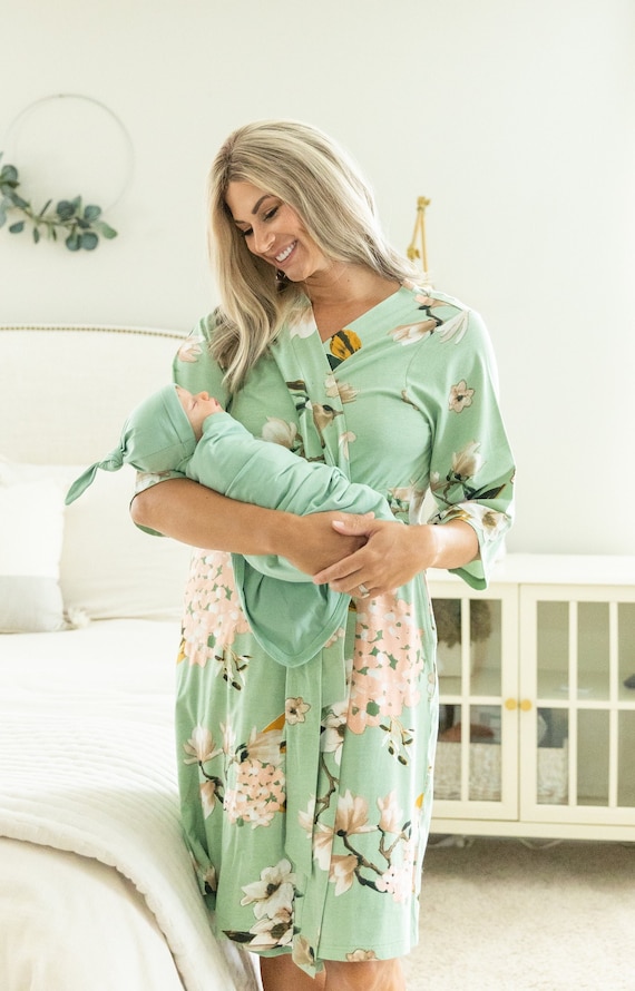 Maternity Labor Delivery Nursing Hospital Robe & Swaddle Blanket Set /  Gender Neutral / Plus Size Available / Baby Be Mine / Gia Sage 