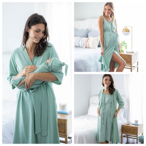 Mommy and Me Maternity Delivery Robe & Baby Boy or Girl Swaddle Blanket Set + 3 in 1  Labor Delivery Hospital Gown /Baby Be Mine/ Sage Green