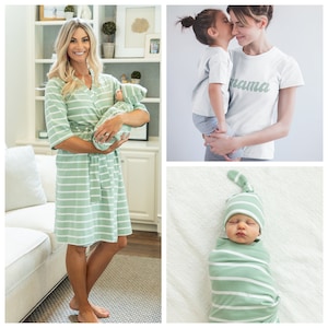 Accappatoio per parto premaman e allattamento e set di coperte fasciate per neonato o bambina maglietta mamma MAMA/regalo per baby shower/Baby Be Mine/Sage Stripe immagine 1