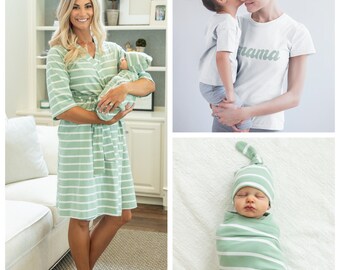 Maternity Nursing Delivery ROBE & Baby Boy or Girl Swaddle Blanket  Set + Mom  MAMA T-shirt /Baby Shower Gift/Baby Be Mine/Sage Stripe