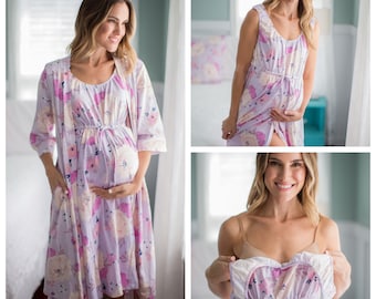 Floral Maternity Labor Delivery Hospital ROBE & Matching 3 in 1 LABOR Delivery Nursing Birthing Hospital Gown / Baby be Mine  / ANAIS