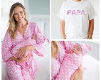 Maternity Labor Delivery Hospital  ROBE & Matching Baby Girl SWADDLE Blanket Set + Papa Dad T-shirt / Baby Shower Gift / Baby Be Mine/Molly
