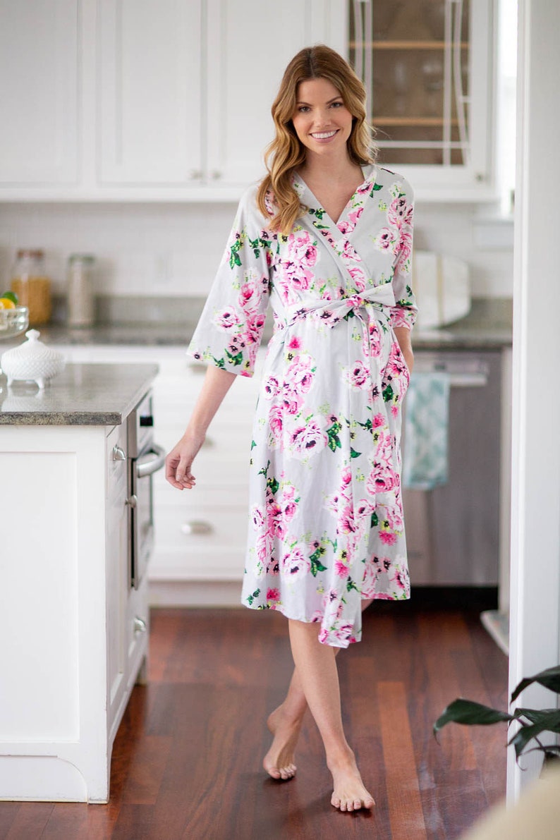 Maternity Delivery Labor Nursing Robe & Matching Baby Girl Coming Home Set / By Baby be Mine Maternity /3 PC Set Olivia Floral image 7