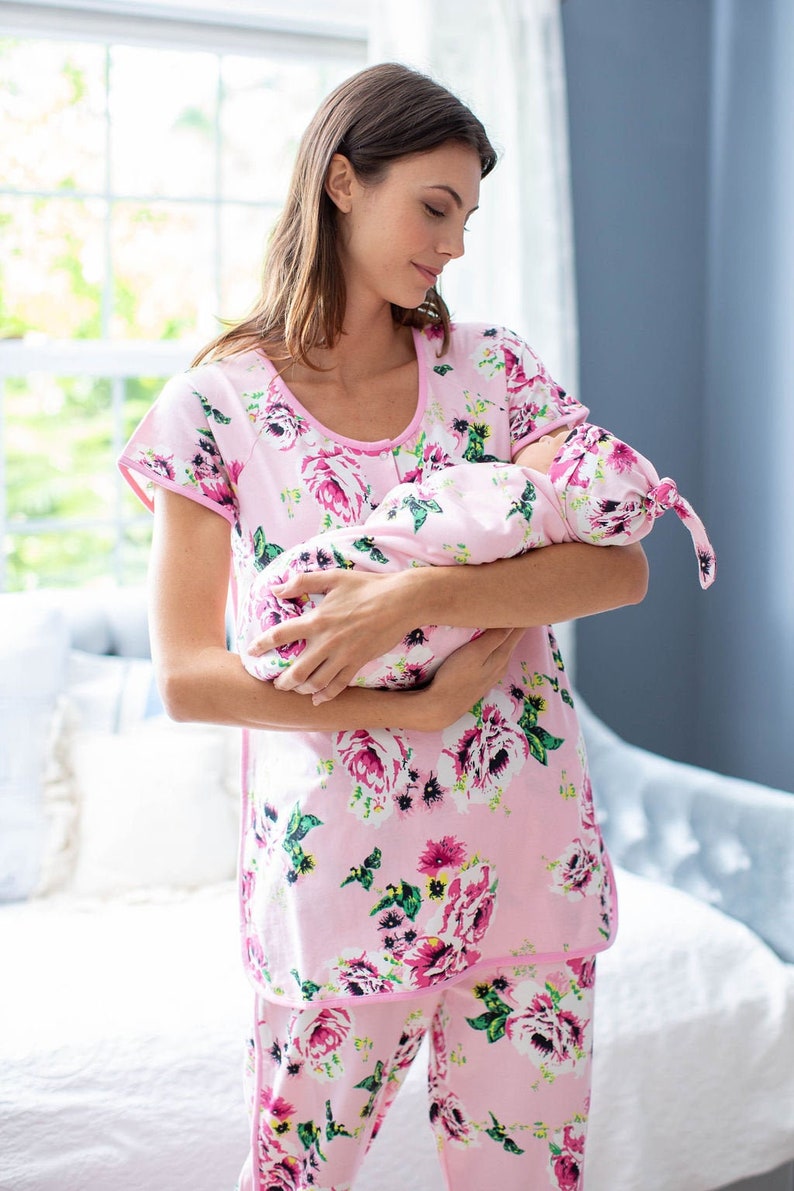 Amelia Maternity Nursing Pajama Set & Matching Baby Swaddle | Etsy