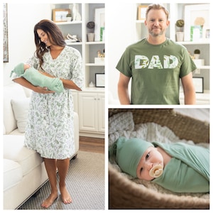 Maternity Nursing Labor Delivery ROBE & Gender Neutral Baby SWADDLE Blanket Set + Daddy T-shirt /Baby Shower Gift/Baby Be Mine/ Morgan Sage