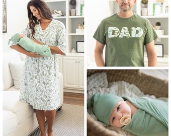 Maternity Nursing Labor Delivery ROBE & Gender Neutral Baby SWADDLE Blanket Set + Daddy T-shirt /Baby Shower Gift/Baby Be Mine/ Morgan Sage