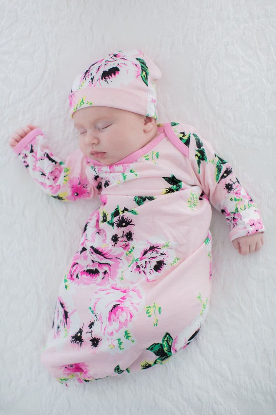 Newborn Baby Girl Gown and Newborn Hat Set Baby Coming Home