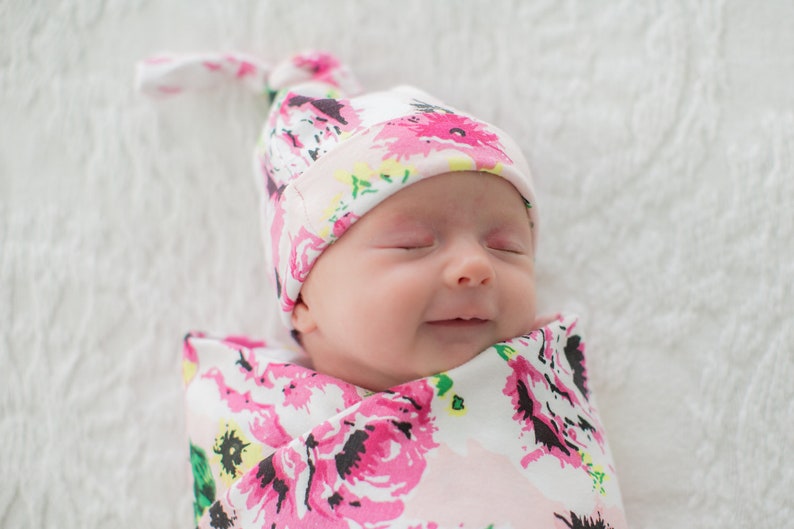 Amelia Floral 3 in 1 LABOR Delivery Gown+Matching Delivery ROBE and Matching Swaddle Blanket and Newborn Hat Set By Baby Be Mine 4 PC Set
