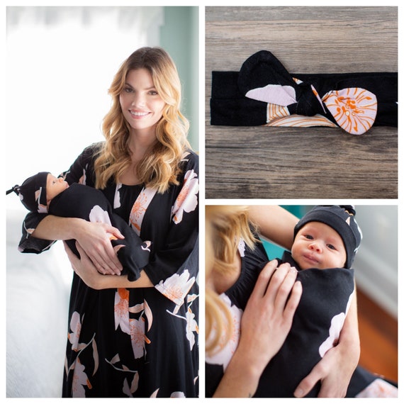 Ensemble maman et moi Peignoir de maternite pour allaitement et couverture d emmaillotage pour bebe fille et bonnet pour nouveau ne bandeau Par bebe Be Mine Willow Etsy France