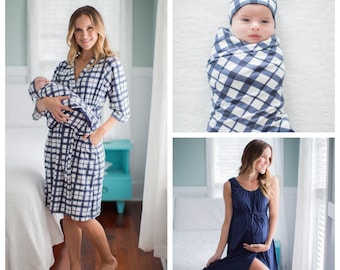 Navy Blue 3 in 1 LABOR Delivery Gown + Blue Gingham Delivery ROBE and Matching Baby Boy Swaddle Blanket and Newborn Hat Set/ By Baby Be Mine