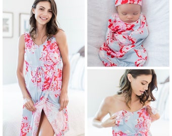 Maternity Labor Delivery Nursing Birthing Hospital Gown and Matching Baby Girl Newborn Romper Set /  Baby Be Mine / Mae Floral