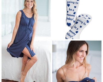 3 in 1 Maternity Labor Delivery Nursing Hospital Gown & Labor Socks / By Baby Be Mine Maternity / Birthing  Gown /Baby Shower Gift / Navy