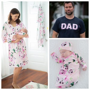 Family Matching Labor Delivery Hospital ROBE &  Baby Girl Receiving Gown Set + Dad Daddy T-shirt / Baby Shower Gift / Baby Be Mine Amelia