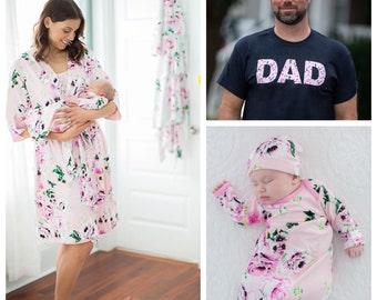 Family Matching Labor Delivery Hospital ROBE &  Baby Girl Receiving Gown Set + Dad Daddy T-shirt / Baby Shower Gift / Baby Be Mine Amelia