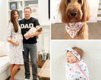 Family Matching Maternity Labor Delivery Hospital Robe & Baby Girl Swaddle Blanket Set , Dad T-Shirt and Dog Bandana /Baby Be Mine Ivy