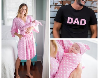 Maternity Labor Delivery Hospital  ROBE & Matching Baby Girl SWADDLE Blanket Set + Dad Daddy T-shirt in Black/Baby Shower/Baby Be Mine/Molly