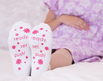 Ready. Set.Push! Pink Fun Labor Delivery Push Non Skid Hospital Socks For Mom To Be, Hospital Bag Must Have, Best Baby Shower Gift