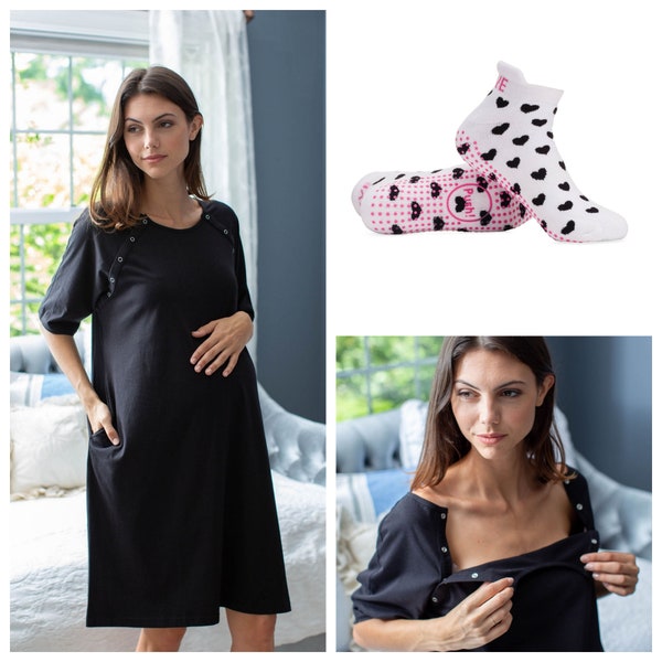 Labor Delivery Maternity Hospital Gown GOWNIE & Labor Socks Set Push Hearts / Baby Be Mine /Baby Shower Gift /Monogram available /Black