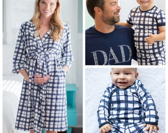 Family Matching Set - Maternity Labor Delivery Nursing Robe & Newborn Kimono Set + Big Brother Pajamas And Dad T-Shirt /Baby Be Mine Gingham