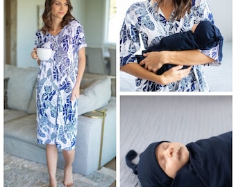 3 PC -Serra Endless Mama Every Day Maternity Nursing Nightgown House Dress &  Navy Blue Baby Swaddle Blanket Set By Baby Be Mine Navy White