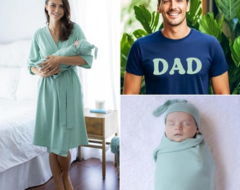 Family Matching Maternity Sage Labor Delivery Hospital ROBE, Baby SWADDLE Set & Dad T-shirt SAGE on Navy Shirt/Baby Shower Gift/Baby Be Mine