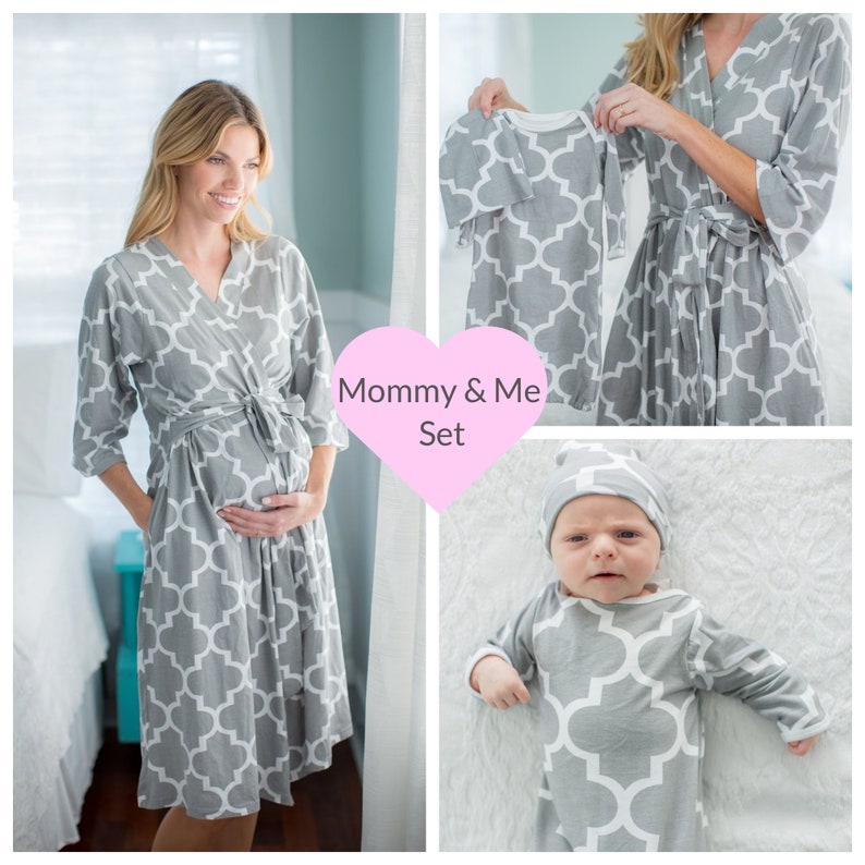 Baby Be Mine Mommy /& Me Delivery Robe with Matching Baby Receiving Gown /& Hat Set