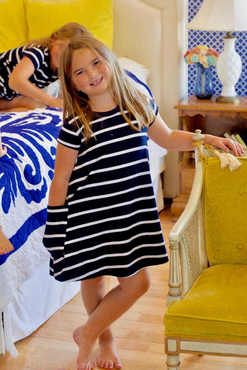 Big Sister Everyday Girl Dress / Matches Mom & New Baby / Big Sister Gift / By Baby Be Mine / Navy Stripe image 9