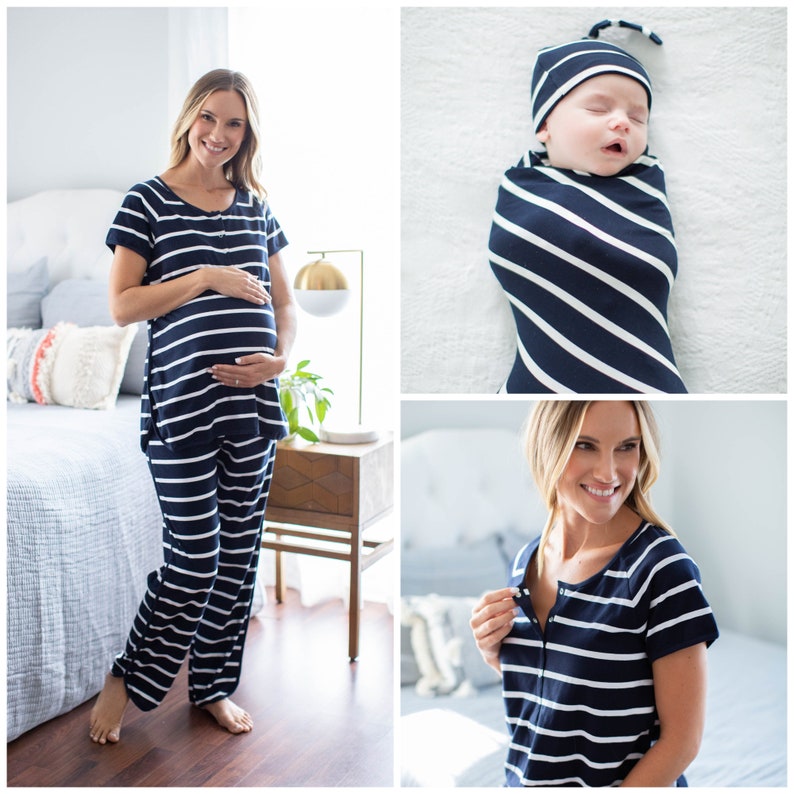 Mommy and Me Maternity Nursing Pajama Set & Matching Baby Swaddle Blanket Set /Baby Be Mine/Baby Shower Gift /Baby Boy or Girl /Navy Stripe 