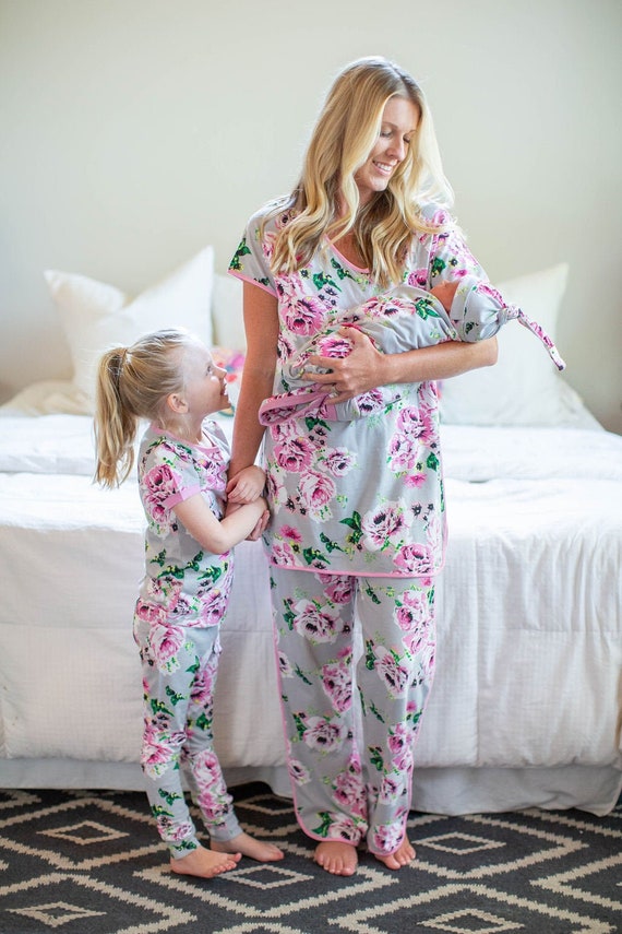 Olivia Maternity Nursing Pajamas & Girls Pajamas and Matching Baby Swaddle  Blanket Set Baby Be Mine Maternity / Mommy and Me / Big Sister 