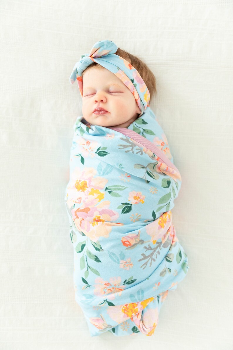 Baby Girl Swaddle Blanket and Newborn Bow Headband Set /by Etsy