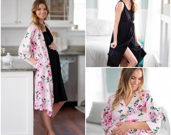 Maternity Delivery Nursing Robe & Baby Girl Swaddle Blanket Set + 3 in 1 Black Labor Delivery Hospital Gown / By Baby Be Mine / Amelia