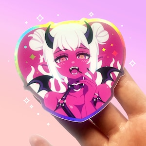Sticker imperméable en vinyle holographique démon d'amour | Fille monstre succube | Rose | Esthétique gothique kawaii