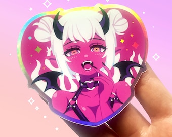 Love demon holographic vinyl waterproof sticker | Succubus monster girl | Pink | Kawaii gothic aesthetic