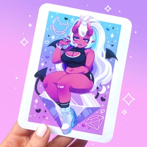 Demon babe print | Curvy pastel jewel monster girl pin up art | Pink and blue | Kawaii aesthetic