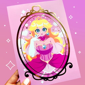 Peach gold foil print | Kawaii princess portrait pin up | Pink | Fantasy aesthetic