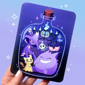 May include: A purple glass bottle with a cork stopper filled with various purple and white Pokemon characters, including a Gengar, a Misdreavus, a Gastly, and a Duskull.
