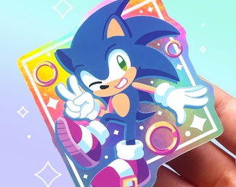 Sonic inspired holographic vinyl waterproof sticker | Chibi blue blur game art | Blue | Kawaii aesthetic