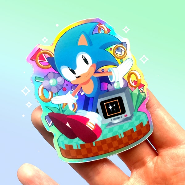 Sonic inspired holographic vinyl waterproof sticker | Retro chibi blue blur Green Hill Zone art | Blue and green | Kawaii aesthetic