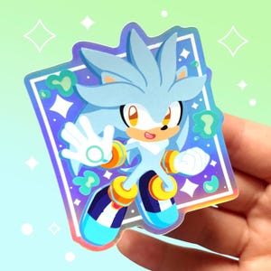 Adesivo holográfico de vinil à prova d'água inspirado em prata | Arte do jogo do ouriço telecinético Chibi | Branco e azul | Estética kawaii
