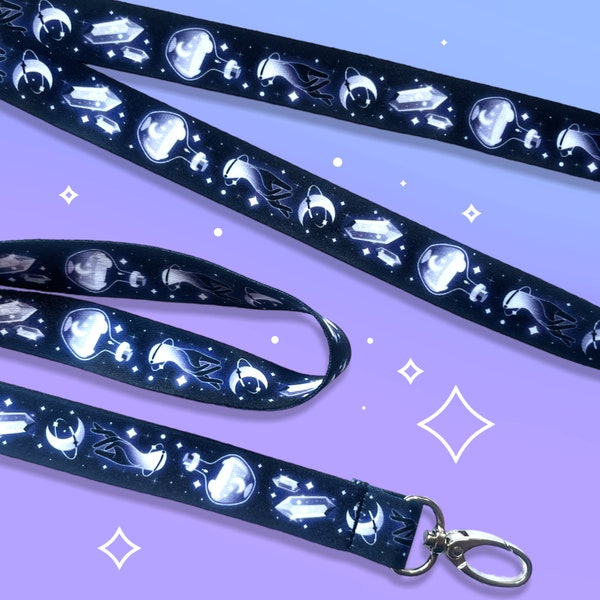 Moon spell lanyard with clasp | Cosmic lunar occult witch magic accessory | Black and greyscale | Goth  aesthetic