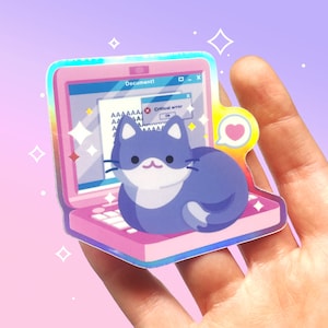 Adesivo olografico impermeabile in vinile con gatto per computer portatile e PC / Simpatico e divertente meme di gatto / Bianco e rosa / Estetica kawaii