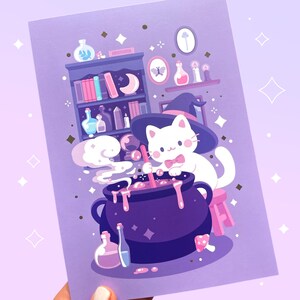 Stampa in lamina d'argento di un gattino strega / Illustrazione di un gatto magico, calderone delle pozioni per giochi di ruolo e d&d / Viola e rosa / Estetica fantasy e carina