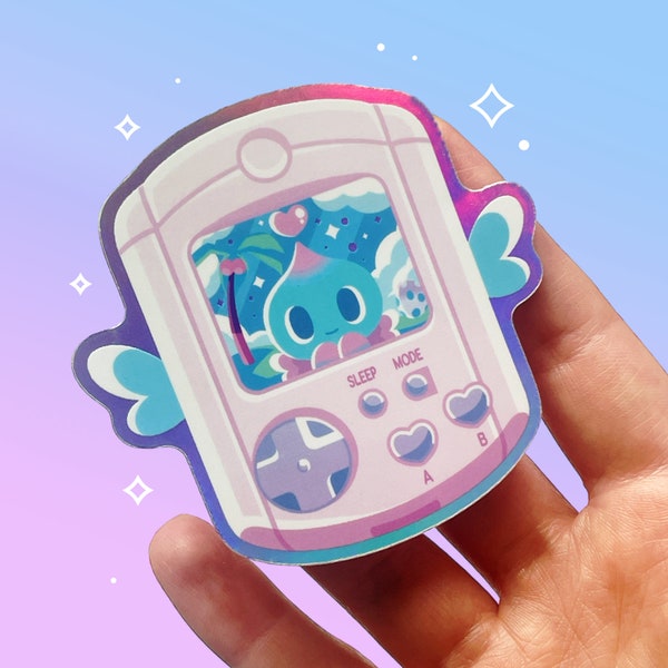 Dreamcast VMU Chao inspired holographic vinyl waterproof sticker | Retro Y2K game art | Pink and blue | Kawaii aesthetic